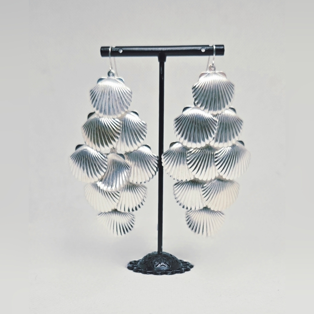 Silver Tone Seashell Chandelier Earrings – Beach Boho Statement Jewelry